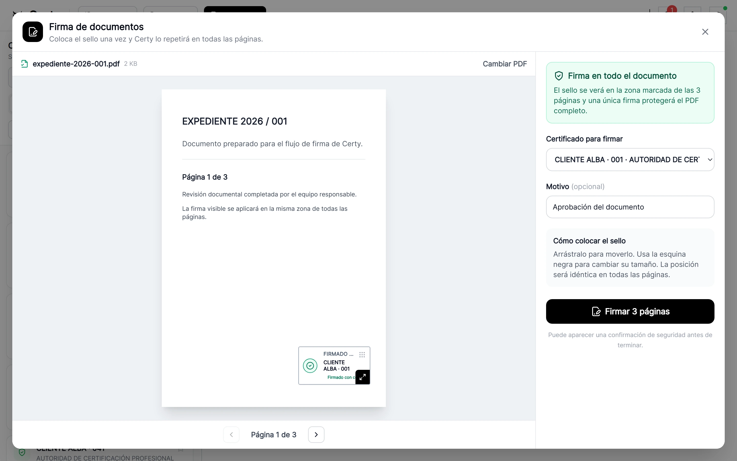 Editor de Certy para colocar la firma visible sobre un documento PDF