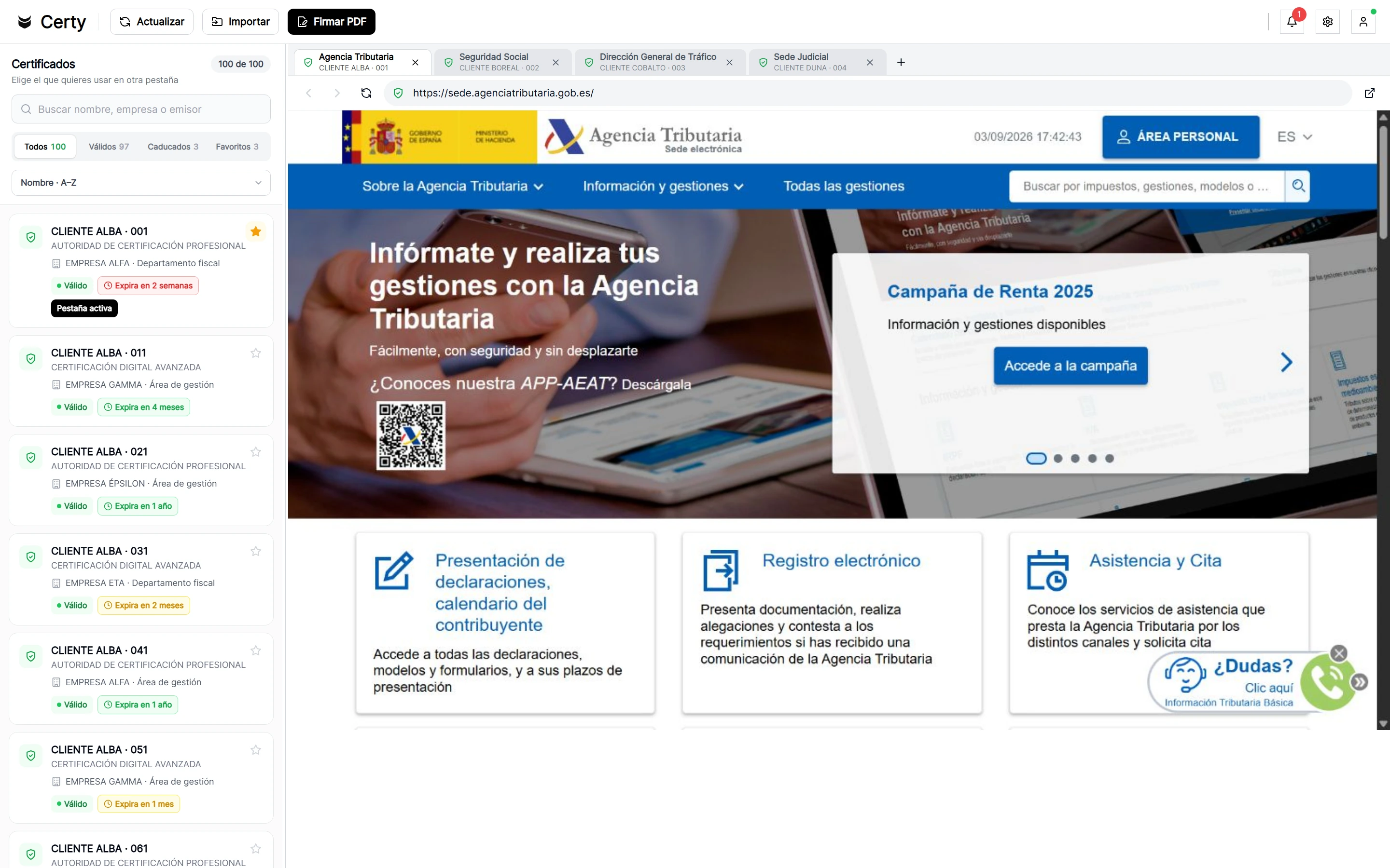 Certy con cuatro portales abiertos en pestañas independientes, cada uno asociado a un certificado diferente
